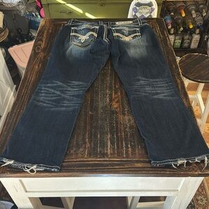 Rock Revival Dark Blue Distressed Boot Cut Jeans Size 33